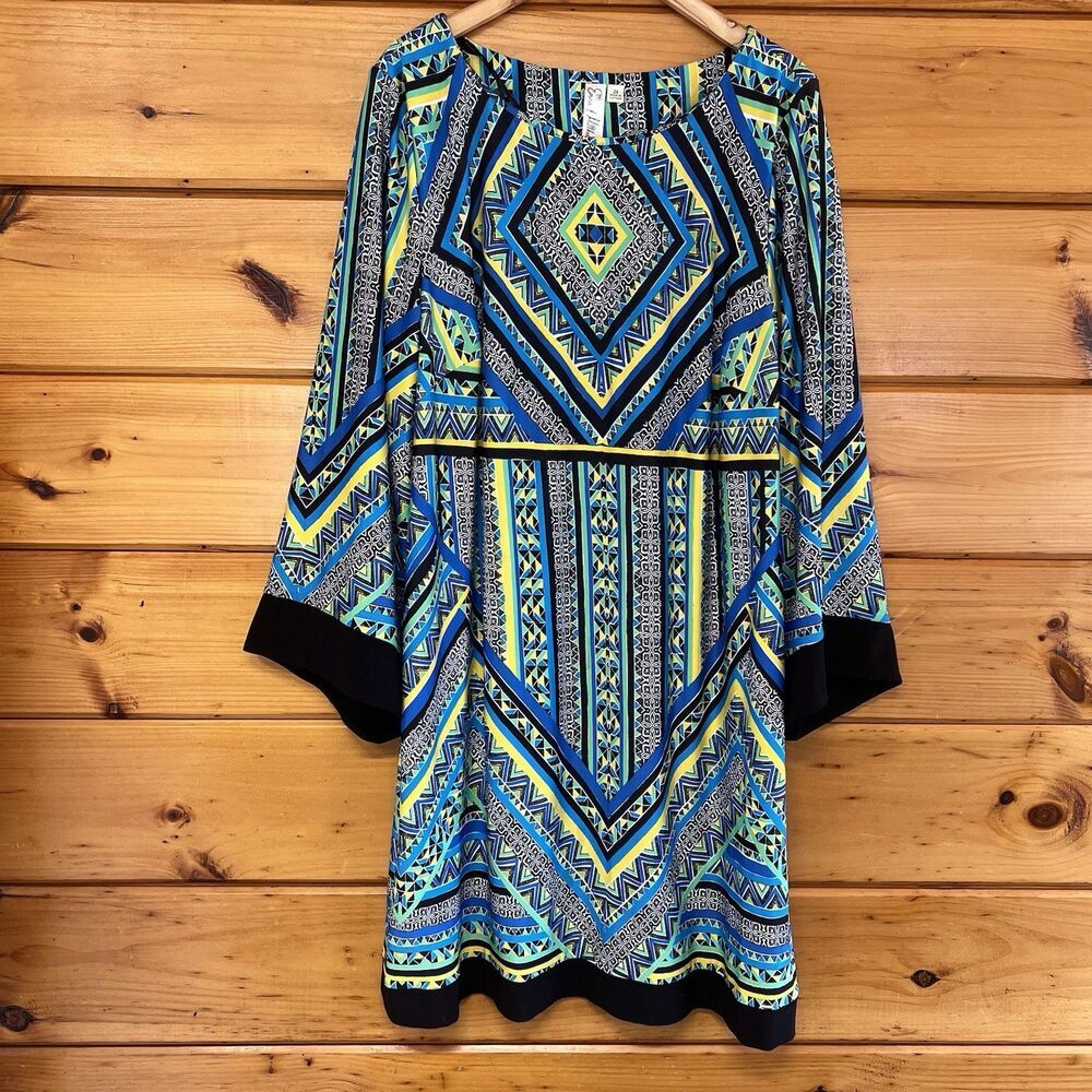 Emma Michelle-Dress Peasant Style Glam Multi Color Geometric Bell Sleeve Plus 2X